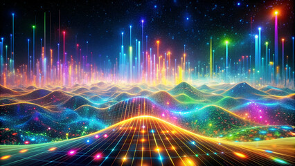 Fototapeta premium Dynamic digital landscape featuring a kaleidoscope of neon colors and glowing lights Abstract neon landscape with undulating hills and towering structures,