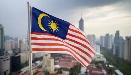 malaysia flag flies on pole with high rise city building on background