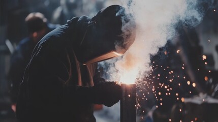 Obraz premium Welding steel beams in a factory filled with sparks and machinery, shot of a metalworker wearing a welding mask