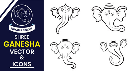 Lord Ganesh line art, icon, vector set. Happy Ganesh Chaturthi, Ganapati Festival, Shree Ganesh face art. Indian god, Creative Lord Ganesh Vector. Vector illustration.