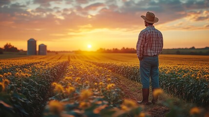 Fototapeta premium Farmer standing in a field of golden wheat, examining the crops as the sun sets