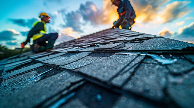 
Removal of old asphalt shingles from the roof. Construction workers replacing the house roof covering.