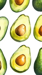 Watercolor of Avocado fruit and cut in half sliced with green leaf isolated on color background,Image of cut avocado with seed,Fresh ripe avocados,Flat lay,healty diet concept, Fresh Organic Fruit.
