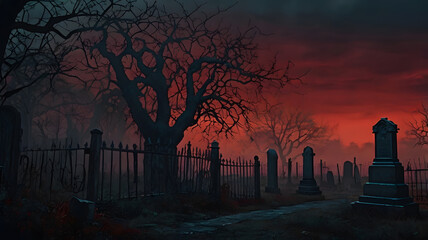 Fototapeta premium Creepy graveyard at dusk with twisted trees and eerie red sky creating a haunting atmosphere in the heart of autumn