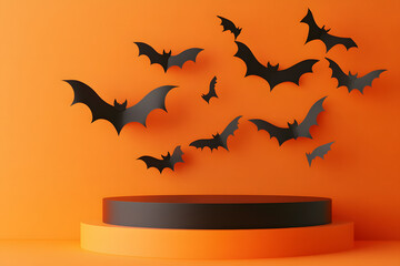 Creative Halloween scene with flying paper bats and sleek podium on vibrant orange background for product displays