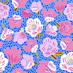 Materiał do szycia Seamless botanical pattern with hand drawn pink flowers, textures on blue. Bright floral texture on black..Vector texture
