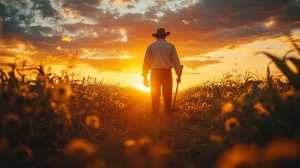 Fototapeta premium Portrait young man farmer in cornfield background harvester and tractor on harvested corn, sunlight. Concept Farm