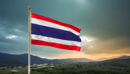 Fototapeta premium thailand flag flies on pole with beauty mountain on background