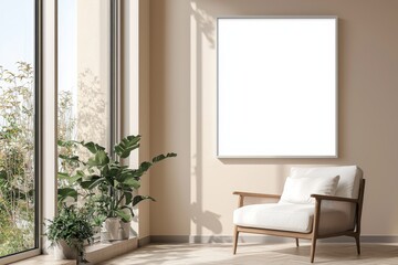 Poster Frame in Beige minimalist living room interior created with generative AI