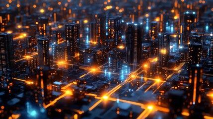 Fototapeta premium A futuristic cityscape with glowing lights and a complex grid, symbolizing a smart, connected metropolis.