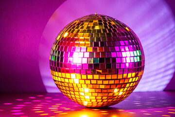 Obraz premium Shiny Disco Ball Reflecting Colorful Light in a Vibrant Party Atmosphere with Dance Floor Reflections