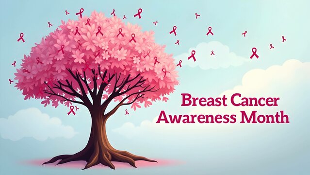 Vibrant pink cherry blossom tree with awareness ribbons, Breast Cancer Awareness Month Banner Graphic. Ideal for themes of health, support and hope