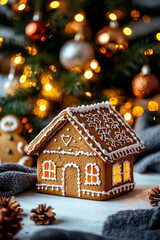 A charming gingerbread house on a table, perfectly complemented by a festive Christmas tree in the background.