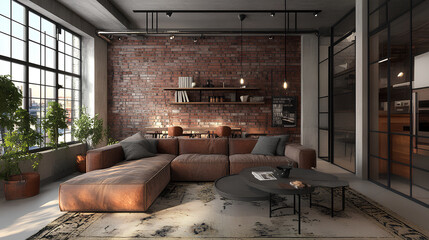 modern interior design of living room with empty industrial style wall