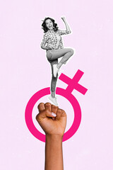 Composite trend artwork sketch image collage of international woman day celebrate flower spring young lady stand fist yes win power strong