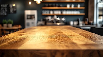 A close-up of a wooden countertop, perfect for showcasing modern interior design and cozy cafe atmosphere.