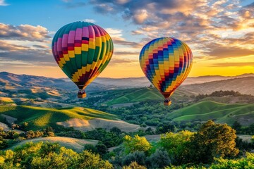 Naklejka premium Balloons gliding over scenic hills in colorful hot air balloons
