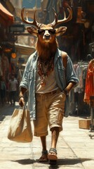 A deer-headed man in sunglasses and casual clothing walks through a bustling marketplace, carrying a shopping bag.