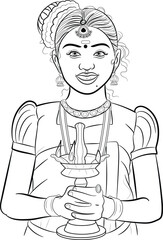 Kerala girl holding diya in hand, happy Onam celebration with Kerala girl with Traditional Brass kerala Diya