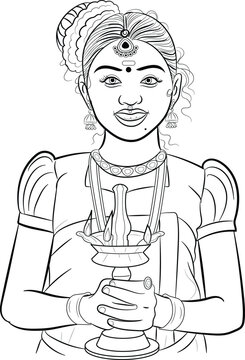 Kerala girl holding diya in hand, happy Onam celebration with Kerala girl with Traditional Brass kerala Diya