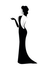 Silhouette of a woman in an evening dress and gloves, view from the back. Vector illustration spot on a white background.