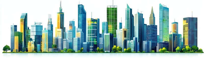 Fototapeta premium A city skyline with tall buildings and a green tree in the foreground
