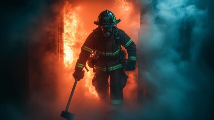 Firefighter using an axe to break through a door in a smoky room