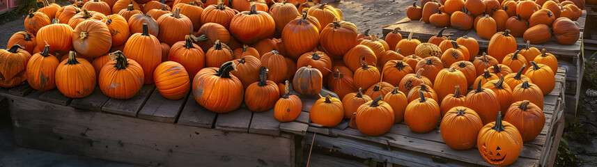 Obraz premium Large group of pumpkins lying on the table of the marketplace stand in the evening with sunset. Concept of harvest, Halloween and seasonal trade.
