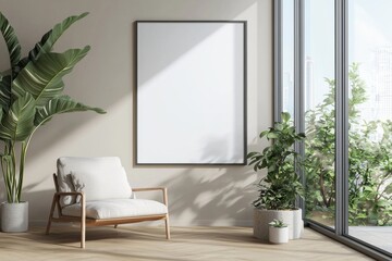 Poster Frame in Beige minimalist living room interior created with generative AI