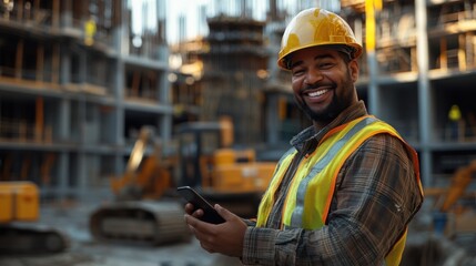 Obraz premium Construction Worker Holding Smartphone and Smiling