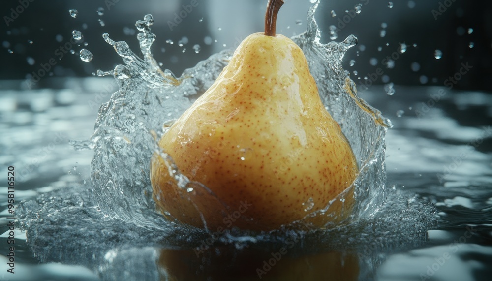 Poster a single pear plunging into water, causing a splash