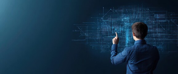 A man pointing at a computer screen with a blue background