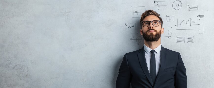 A man in a suit is looking up at a wall with equations on it