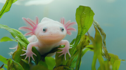 A small white and pink amphibian is sitting on a green leaf