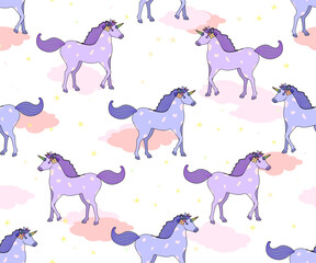 Unicorn seamless pink pattern with unicorns on clouds. Endless background for textiles, notepads, cards and children's birthdays. Stock vector cute texture.