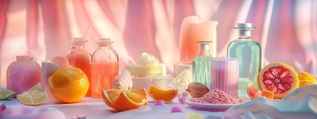 Colorful skincare and beauty products on pastel background
