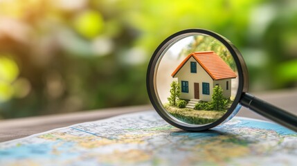 An icon of a house surrounded by trees is viewed through a magnifying glass over a detailed map, symbolizing the first step in buying a home