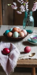 Easter eggs on rustic table with cherry blossoms