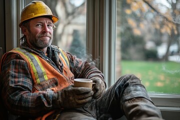 Fototapeta premium Construction Worker Sipping Coffee on Lunch Break Near Large Window