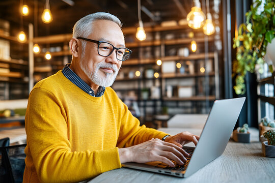 Elderly Asian businessman in yellow sweatshirt typing on a laptop, deeply engaged in her work at the office.