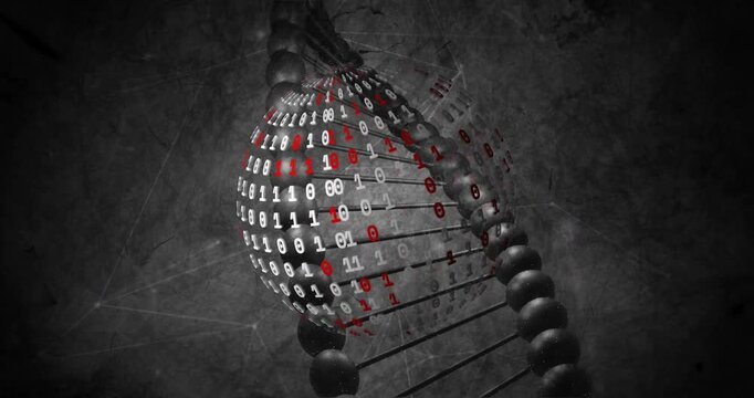 Binary code and DNA strand, scientific data processing animation