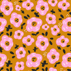 Seamless floral pattern design. Simple style cute pink flowers. Vector blossom background.