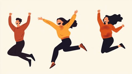 Four modern people posing, four jumping poses, captured mid-air with joyful expressions