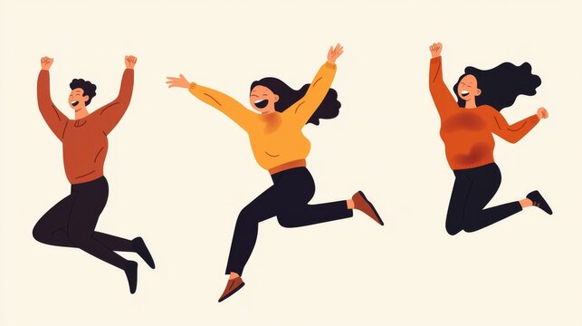 Four modern people posing, four jumping poses, captured mid-air with joyful expressions
