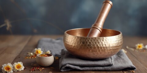 Serene Tibetan Singing Bowl with Copper Texture, Mortar and Pest