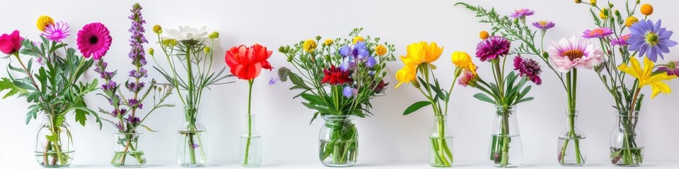 Fototapeta premium Glass Vases. Collection of Beautiful Flowers in Bright Bouquets on White Background for Banner Design