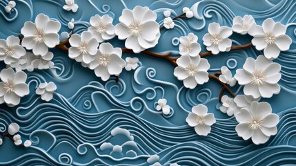 Artwork featuring delicate sakura flowers floating over stylized blue waves, perfect for capturing nature's elegance and tranquility