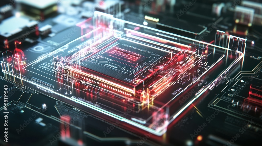 Poster A Close-up of a Computer Chip with Red and Blue Lights