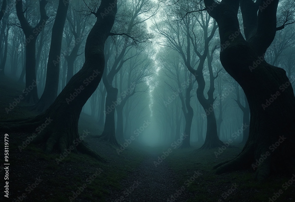 Poster A surreal forest clearing at twilight with towering trees