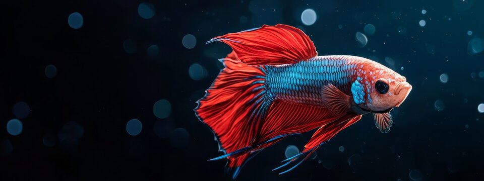  Close-up of red and blue fish against black backdrop, featuring water drops at fish's base
